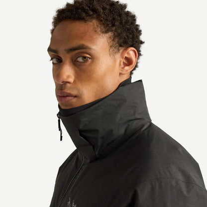 Arcteryx Macai men's black down jacket, close-up of fabric and stitching details in outerwear product image