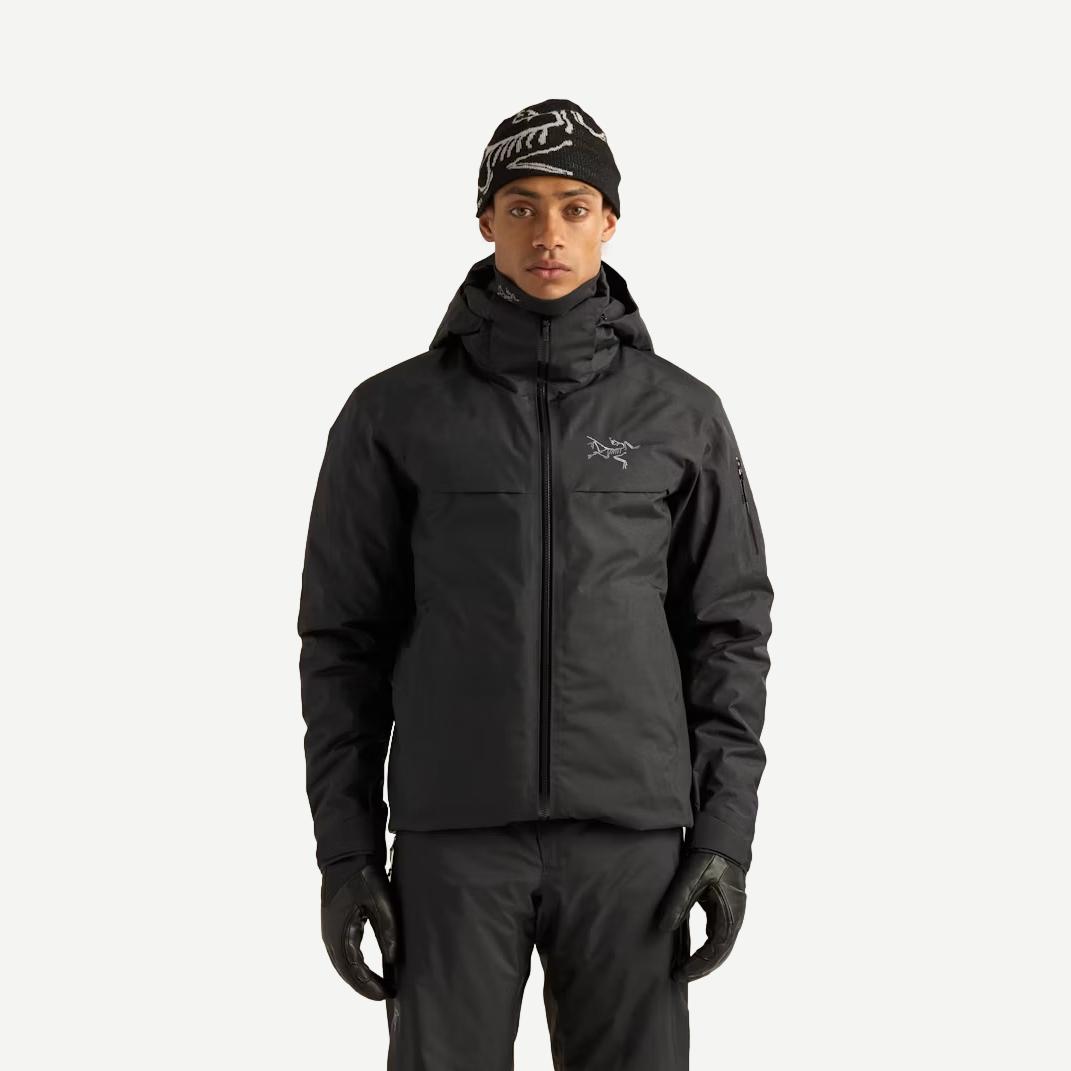 Black Arcteryx Macai Down Jacket for men, front view showing insulated outerwear with sleek design and high-quality craftsmanship.