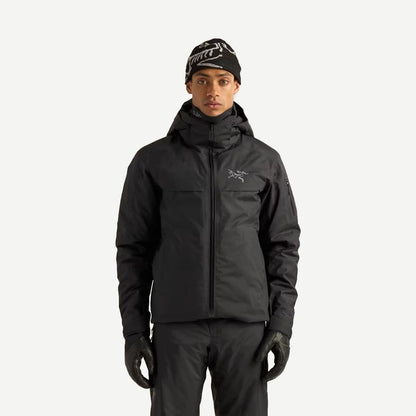 Black Arcteryx Macai Down Jacket for men, front view showing insulated outerwear with sleek design and high-quality craftsmanship.