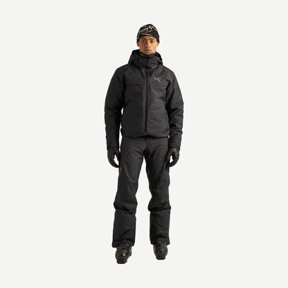 Black Arcteryx Macai Down Jacket for men, full-body view of the stylish, insulated outerwear designed for cold weather.