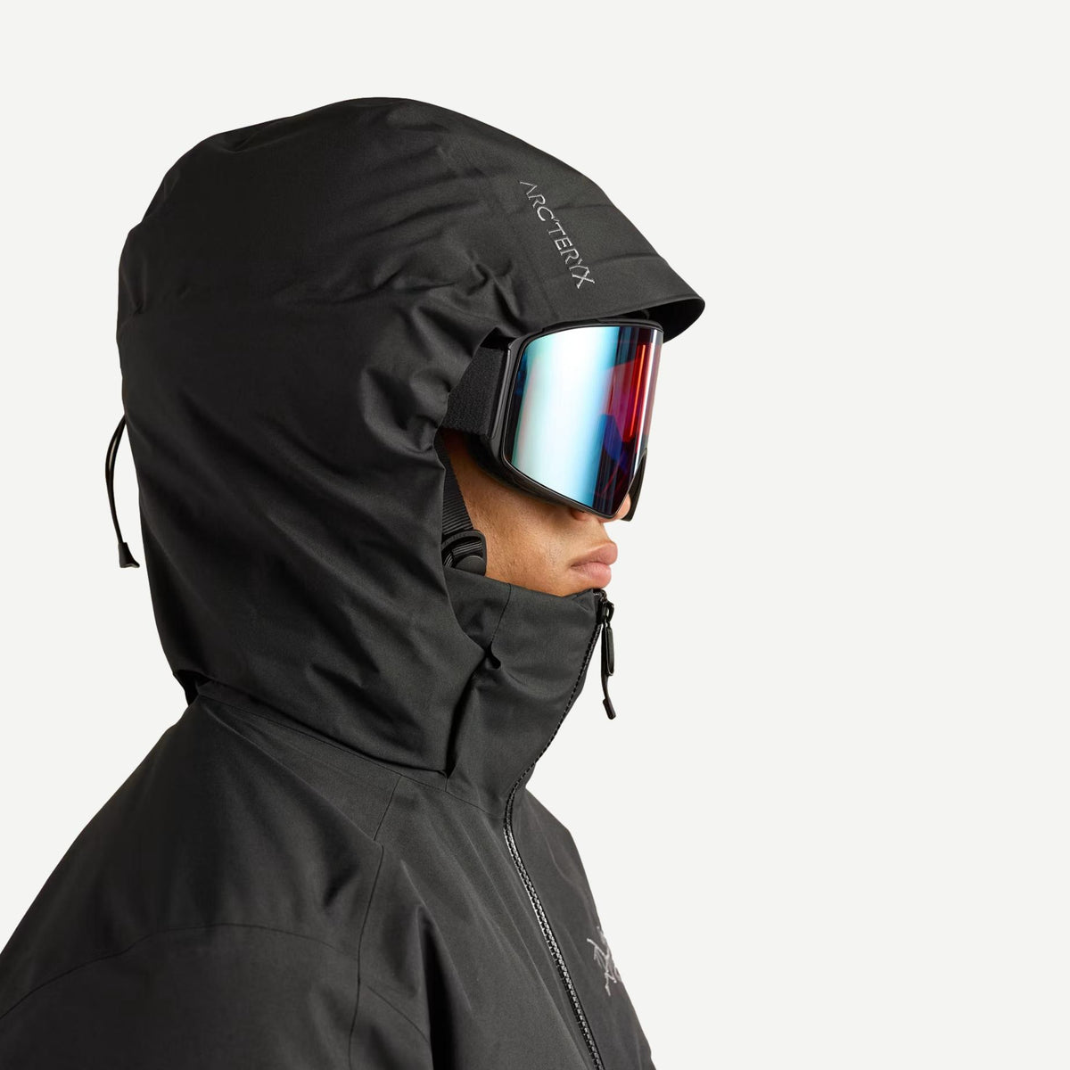 Black Arcteryx Macai Down Jacket for men, featuring a hood and insulated outerwear design.