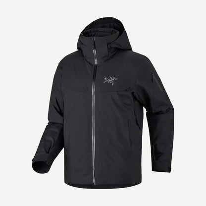Black Arcteryx Macai Down Jacket for men, showcasing the insulated outerwear with a sleek, fitted design and high-quality construction.