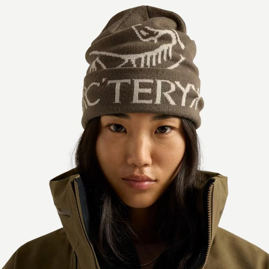 Arcteryx Bird Word Toque hat in Mongoose and Sea Salt colors, front view showing the knit design and branding.
