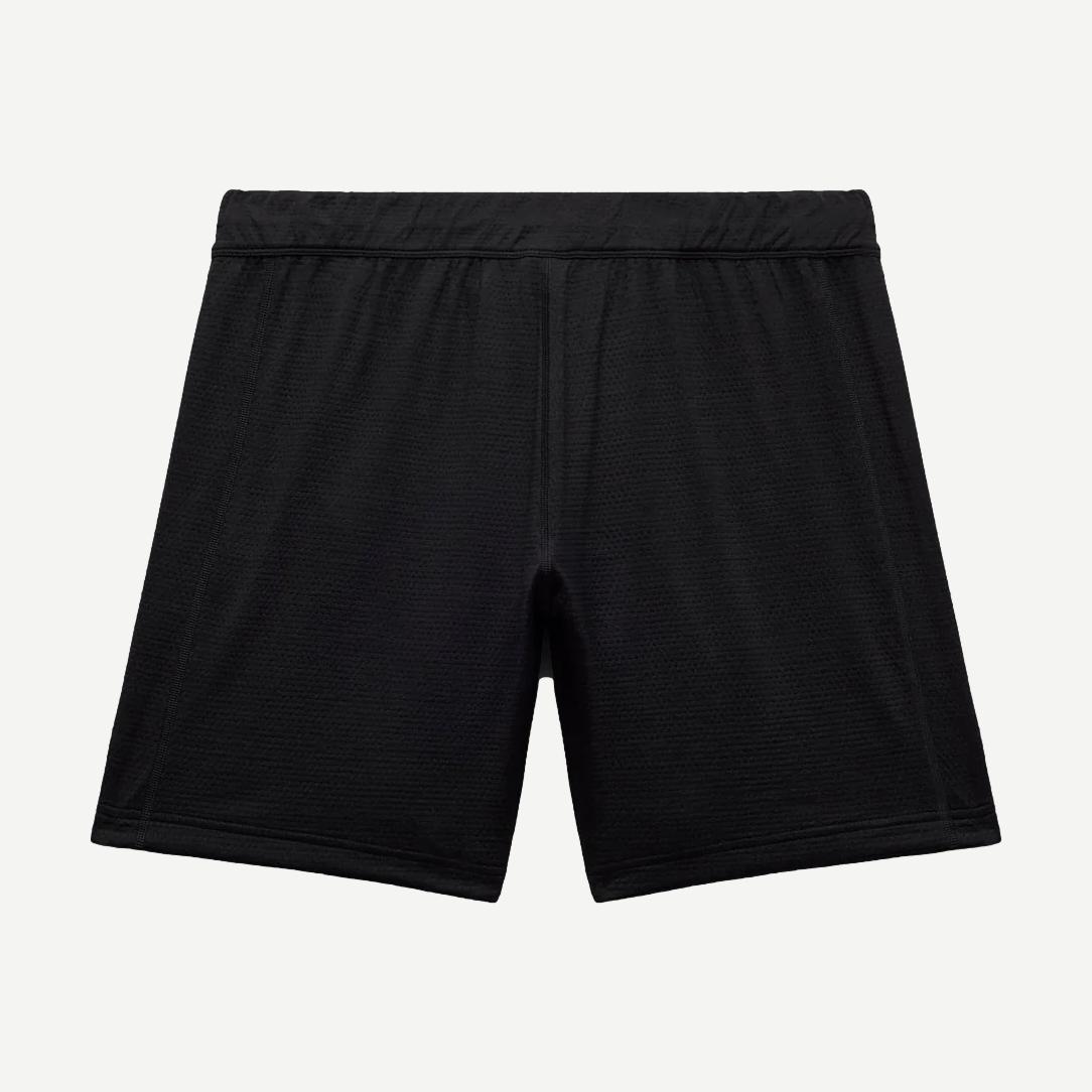 Black Solotex Mesh Tiebreak Shorts 7-inch by Reigning Champ, featuring breathable mesh fabric and athletic fit.