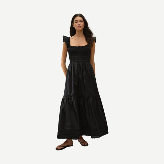 Black Valentina Maxi Dress by Faithfull The Brand featuring delicate Fiore lace details and a flowing silhouette.