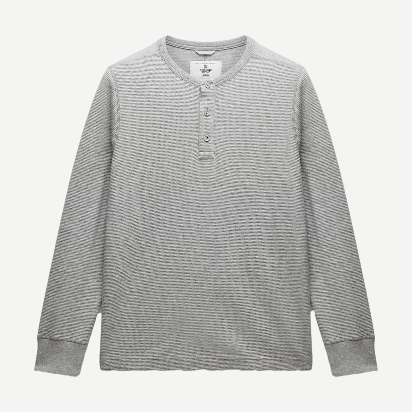 Reigning Champ lightweight waffle henley shirt in heather grey, shown flat with long sleeves and button placket.