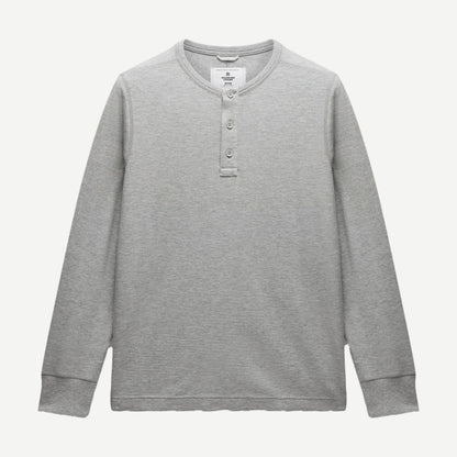 Reigning Champ lightweight waffle henley shirt in heather grey, shown flat with long sleeves and button placket.