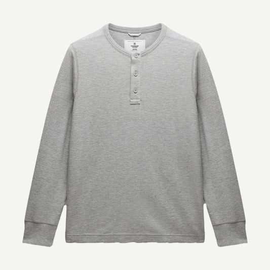 Reigning Champ lightweight waffle henley shirt in heather grey, shown flat with long sleeves and button placket.