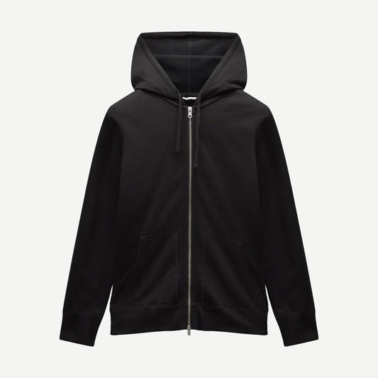 Black Reigning Champ midweight terry slim zip hoodie with front zipper and hood, displayed on a hanger.