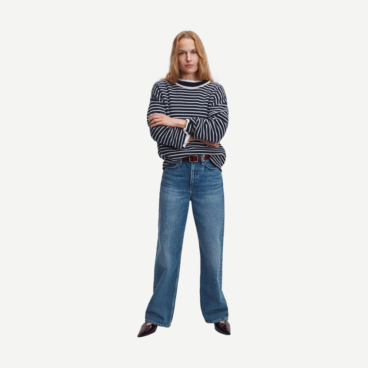 Gigi Stripe Cashmere Crew - Navy