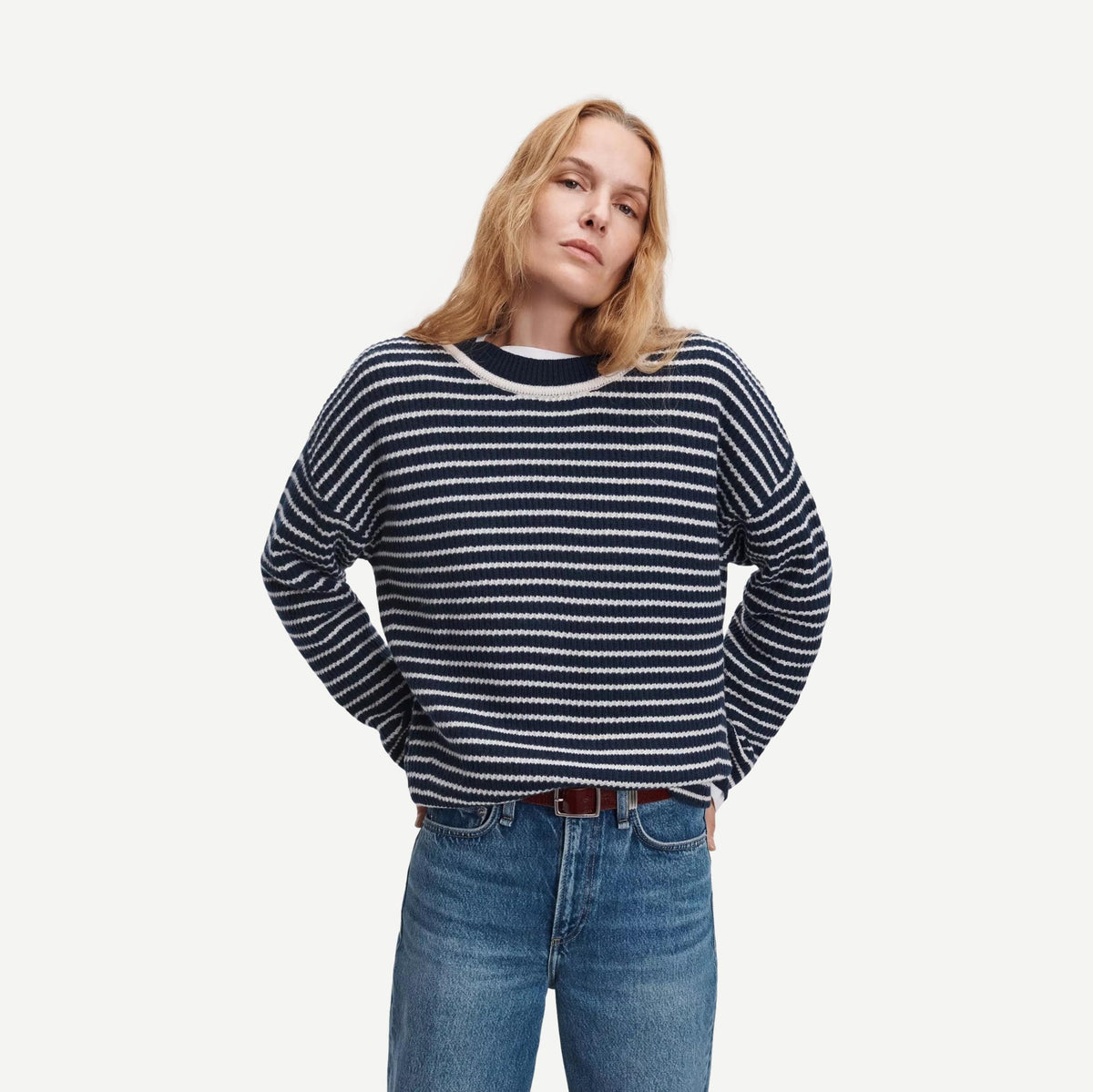 Gigi Stripe Cashmere Crew - Navy