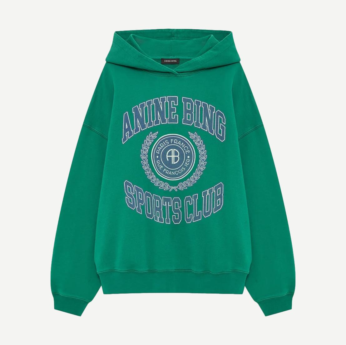 Anine Bing Harvey Collegiate Sweatshirt in green, featuring a classic crewneck design and soft fabric, displayed flat.