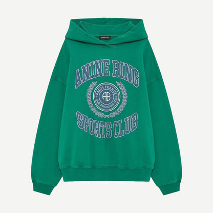 Anine Bing Harvey Collegiate Sweatshirt in green, featuring a classic crewneck design and soft fabric, displayed flat.