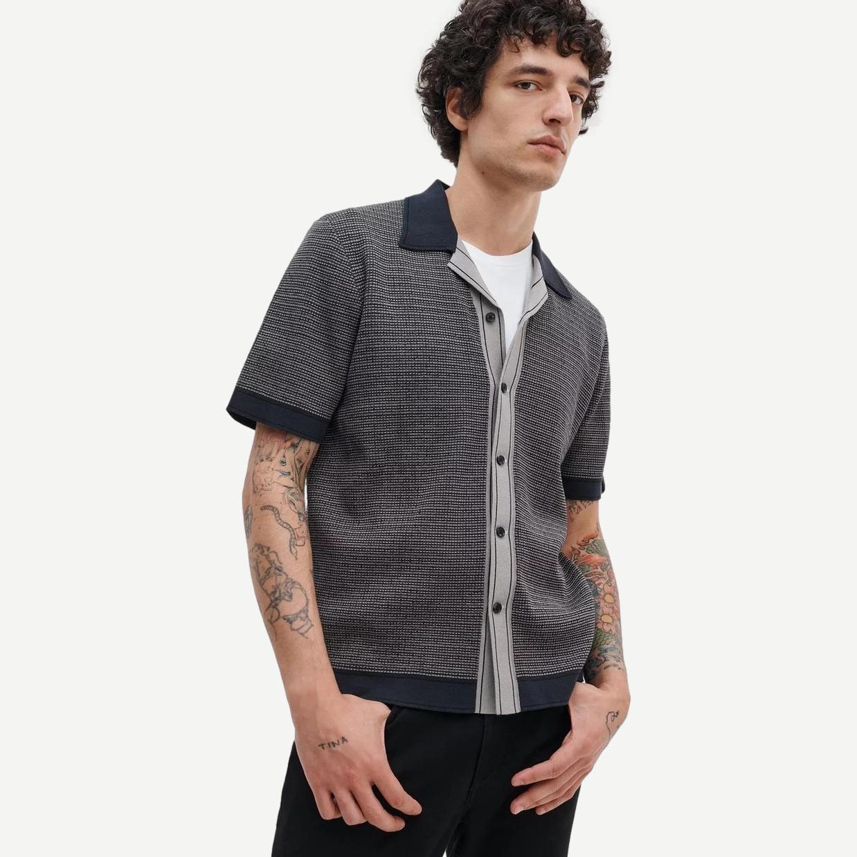 Harvey Contrast-Trim Knit Camp Shirt - Slate Navy