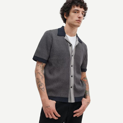 Harvey Contrast-Trim Knit Camp Shirt - Slate Navy