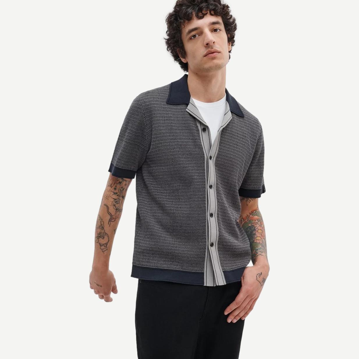 Harvey Contrast-Trim Knit Camp Shirt - Slate Navy