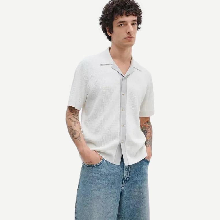 Harvey Contrast-Trim Knit Camp Shirt - Chalk