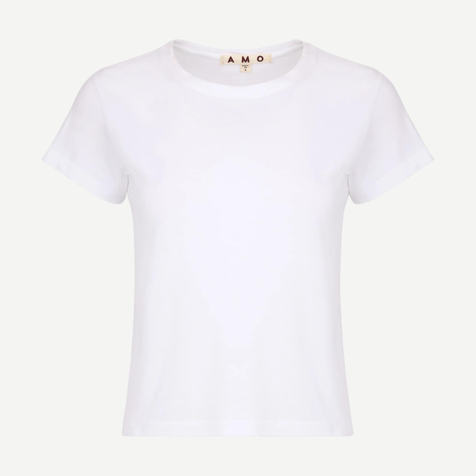 White Jade Tee by AMO, a stylish T-shirt with a classic fit and smooth fabric, displayed on a hanger.
