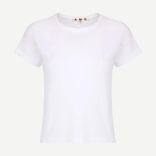 White Jade Tee T-shirt by AMO, featuring a classic crewneck and soft fabric, displayed on a plain background.