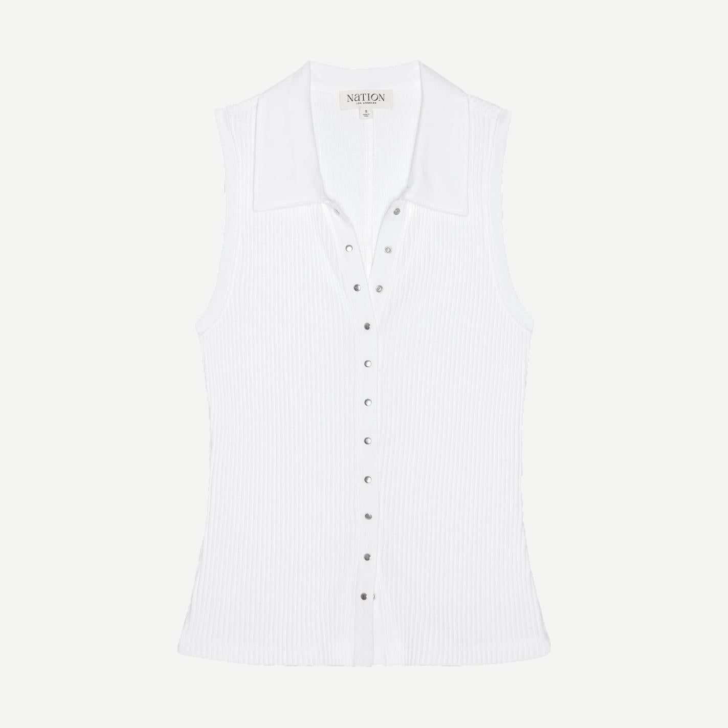 White Jaylin Polo Top by Nation LTD, featuring a classic polo design with a collar and short sleeves, shown on a plain background.