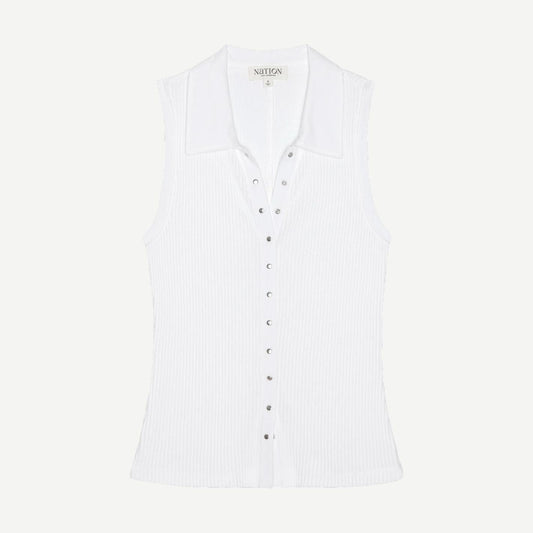 White Jaylin Polo Top by Nation LTD, featuring a classic polo design with a collar and short sleeves, shown on a plain background.