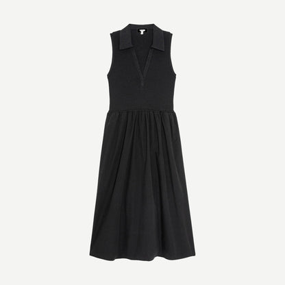 Jet black Jessica midi dress by Nation LTD, featuring a fitted silhouette and elegant design, displayed on a hanger against a neutral background.