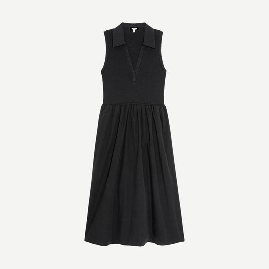 Jet black Jessica midi dress by Nation LTD, featuring a fitted silhouette and elegant design, displayed on a hanger against a neutral background.