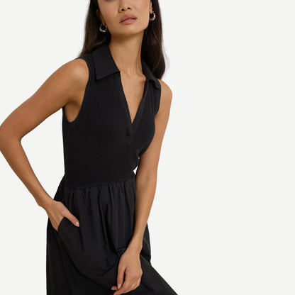Jessica Midi Dress by Nation LTD in jet black, featuring a sleek, fitted design and elegant midi length.