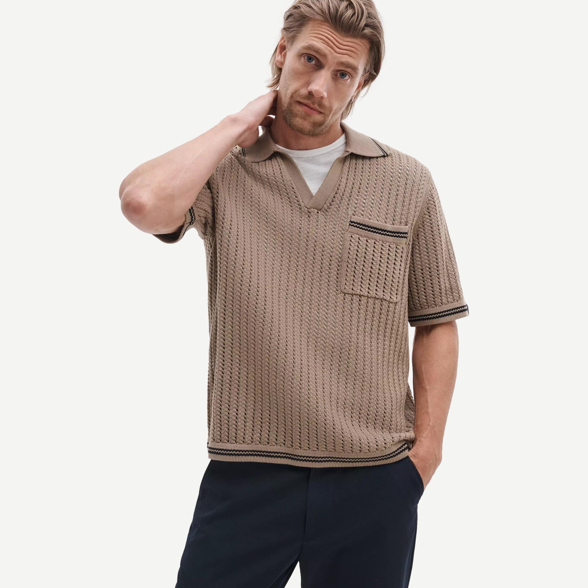 Johnny Collar Crochet Polo Shirt - Wolf Grey - Galvanic.co