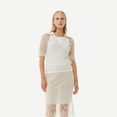 Thin Cotton Lace Short Sleeve Polo - Egret - Galvanic.co