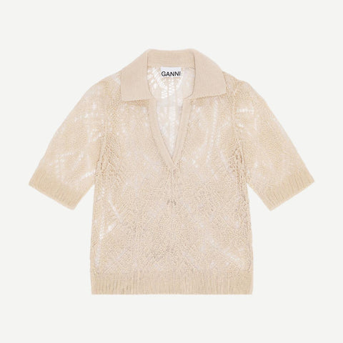Thin Cotton Lace Short Sleeve Polo - Egret - Galvanic.co