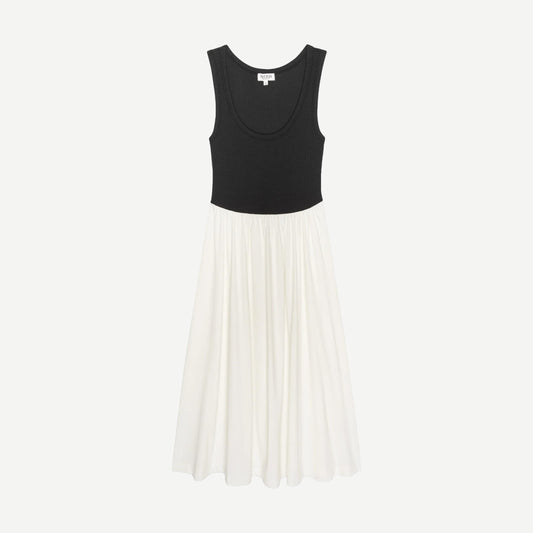 Karla Midi Dress by Nation LTD in porcelain color block, featuring a stylish midi length and modern design.