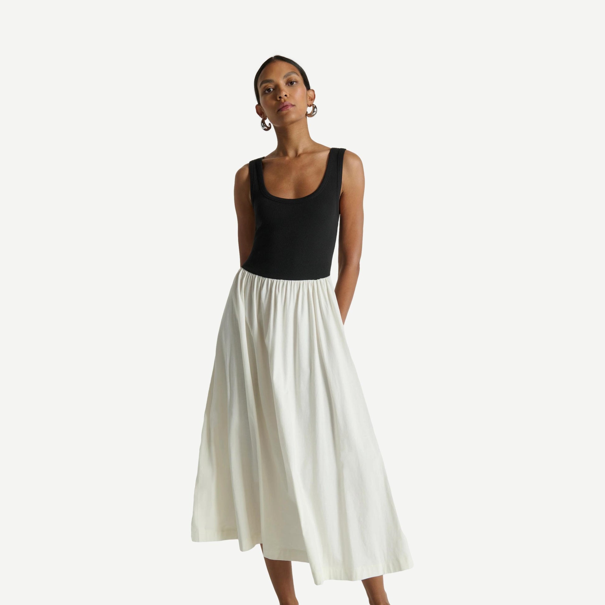 Karla midi dress in porcelain color block by Nation LTD, featuring a stylish fit with contrasting color panels.