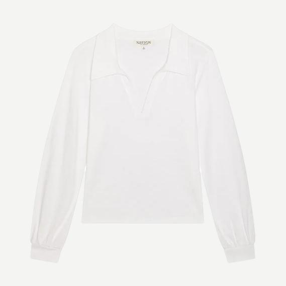 Kimberley Polo Tee by Nation LTD in optic white, featuring a classic polo style with a collared neckline and short sleeves.