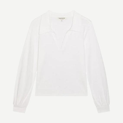 Kimberley Polo Tee by Nation LTD in optic white, featuring a classic polo style with a collared neckline and short sleeves.