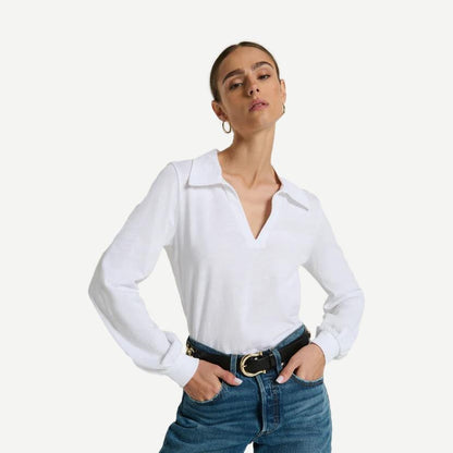 Kimberley Polo Tee by Nation LTD in optic white, featuring a classic polo design with a collared neckline and short sleeves.