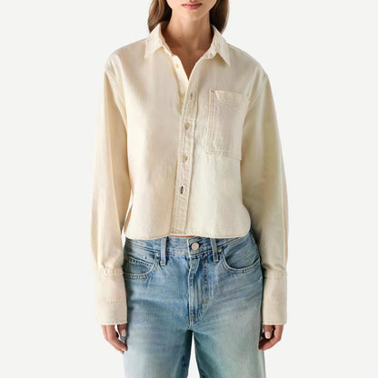 AMO Abigail long-sleeve shirt in bone color, lightweight cotton with classic collar and button front, displayed on a hanger.