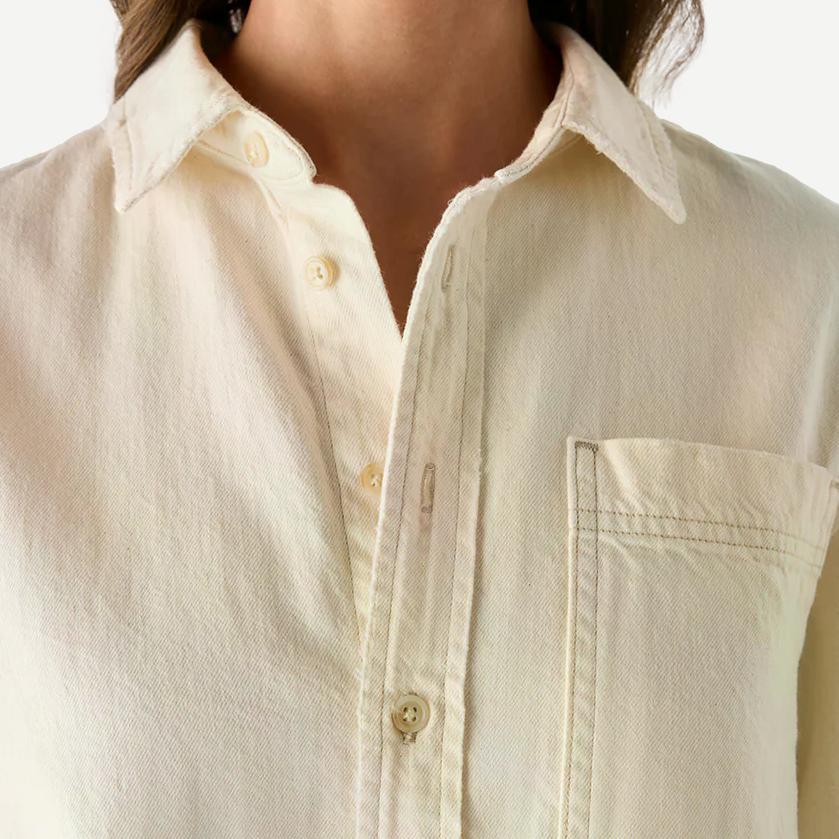 AMO Abigail long-sleeve shirt in bone color with classic collar and button front, displayed on a hanger.