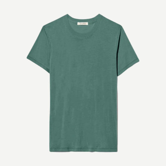 Nili Lotan Lana crewneck T-shirt in evergreen color, soft cotton fabric, close-up showing neckline and smooth texture.