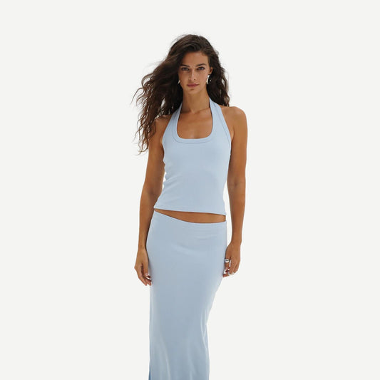 LNA Bradley Halter Top in Blue Mist, a stylish tank top with a halter neckline, shown in a soft blue fabric.