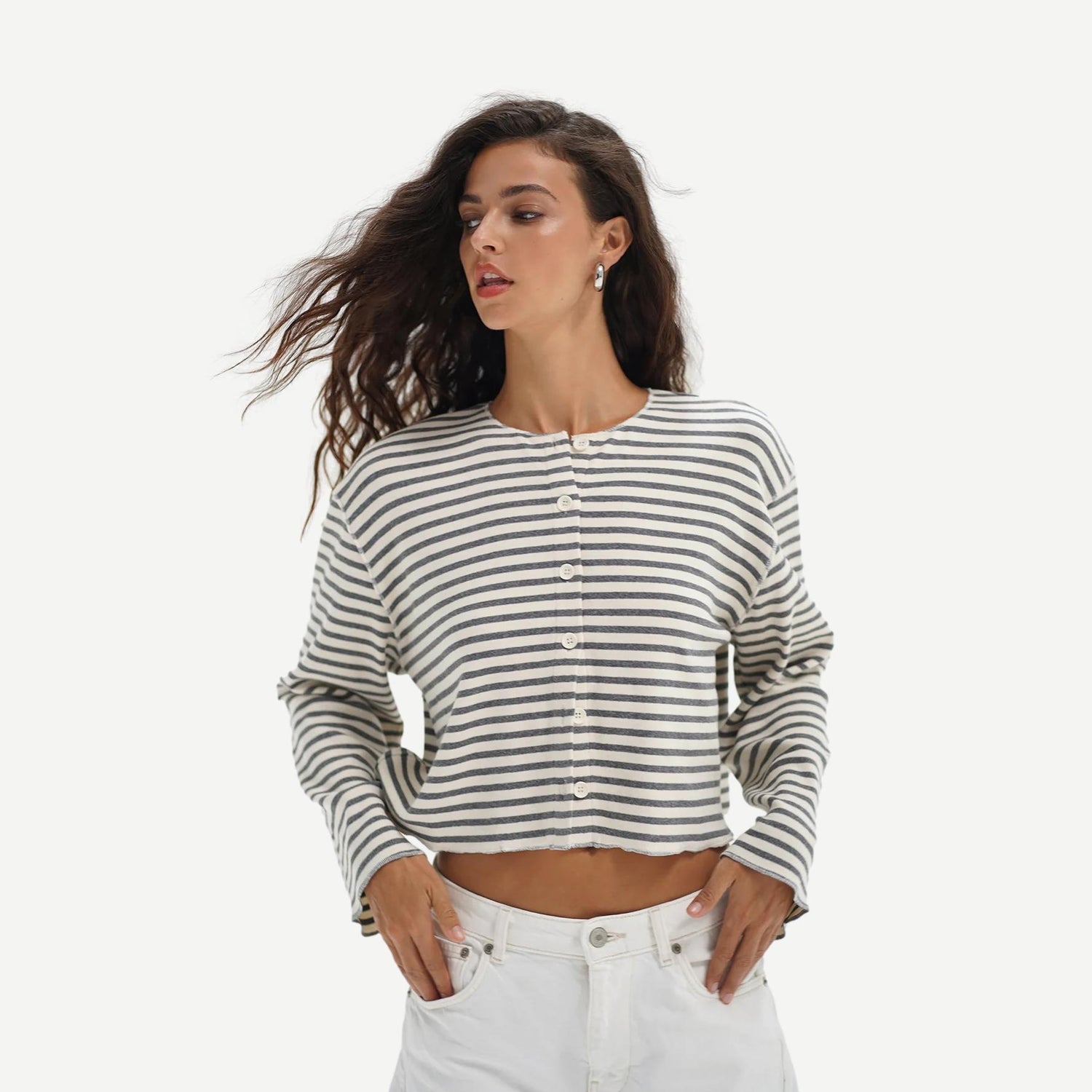 LNA Kincaid Cardigan in greyscale stripe with long sleeves and open front, draped fit, casual knit for layered style.