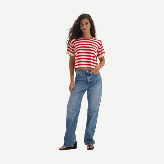 LNA Kori Stripe short-sleeve T-shirt in red and ivory with horizontal stripe pattern, casual and stylish for everyday wear.