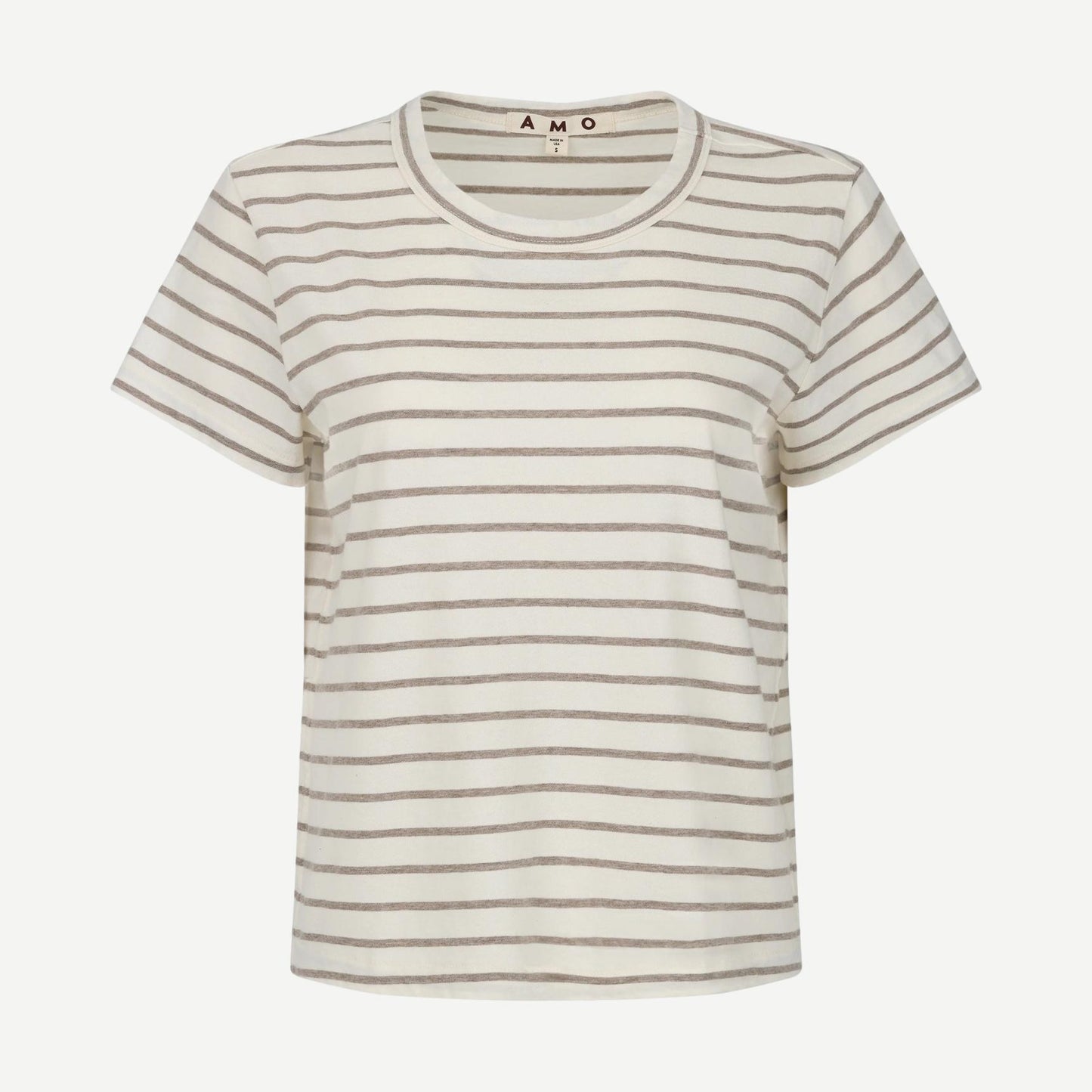 AMO Lovely Tee in Natural/Haze color, casual T-shirt with a soft fabric and relaxed fit, shown flat on a white background.