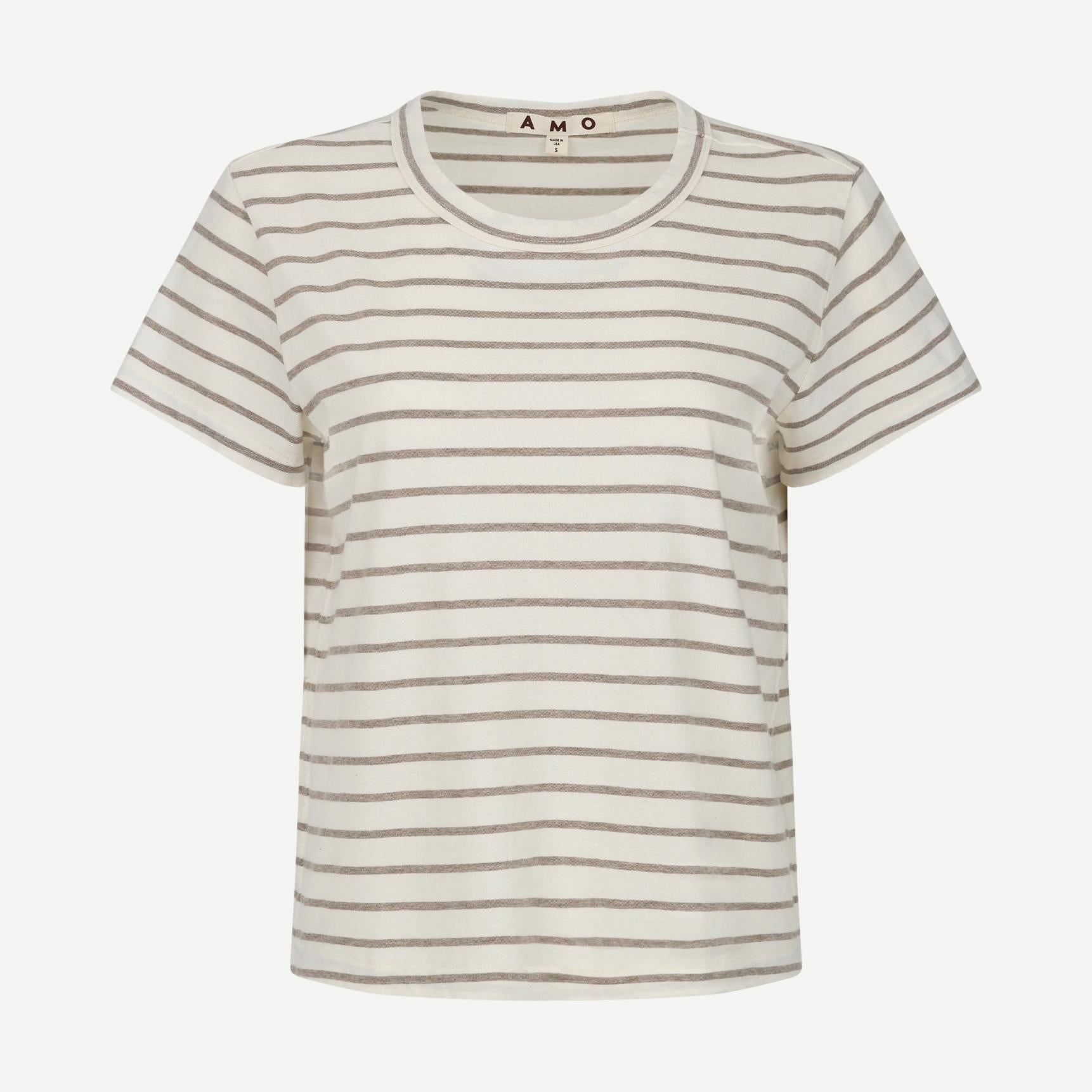 AMO Lovely Tee in Natural/Haze color, casual T-shirt with a soft fabric and relaxed fit, shown flat on a white background.