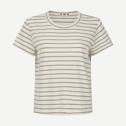 AMO Lovely Tee in Natural/Haze color, casual T-shirt with a soft fabric and relaxed fit, shown flat on a white background.