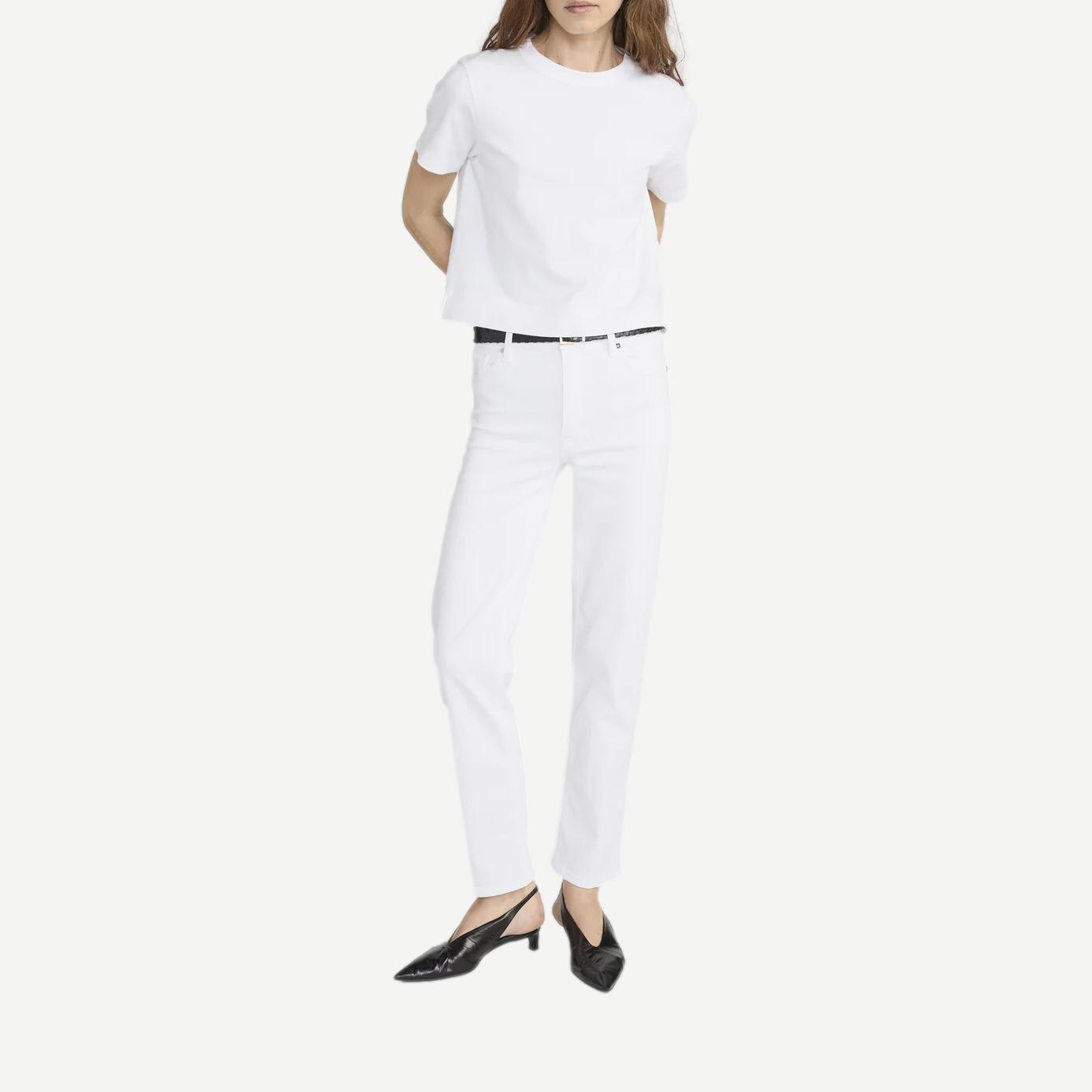 White Frame Denim Boxy Tee T-shirt displayed on a hanger with a relaxed fit and short sleeves.