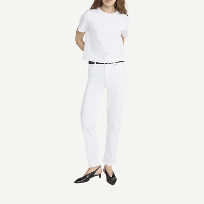 White Frame Denim Boxy Tee T-shirt displayed on a hanger with a relaxed fit and short sleeves.