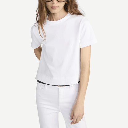 White Frame Denim Boxy Tee T-shirt displayed on a hanger, showcasing its relaxed fit and clean design.