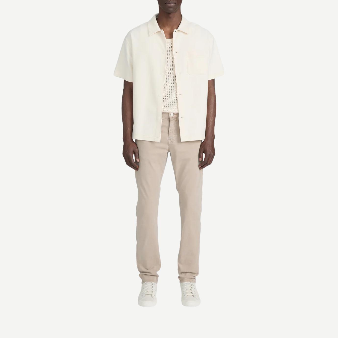 Cream Frame Denim Jacquard short-sleeve button-down shirt with intricate woven pattern and classic collar.