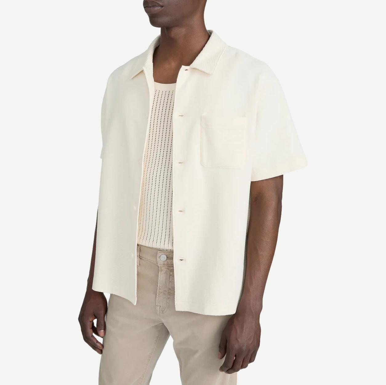 Cream Frame Denim Jacquard short-sleeve button-down shirt with intricate woven pattern, casual and stylish for warm weather.